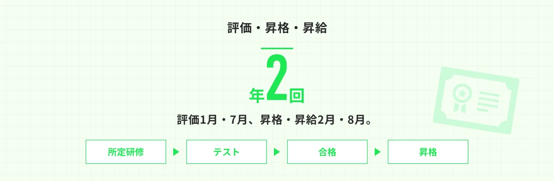 評価・昇格・昇給 年2回（評価1月・7月、昇格・昇給2月・8月。所定研修→テスト→合格→昇格。）