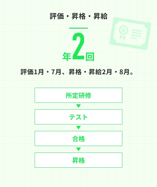 評価・昇格・昇給 年2回（評価1月・7月、昇格・昇給2月・8月。所定研修→テスト→合格→昇格。）